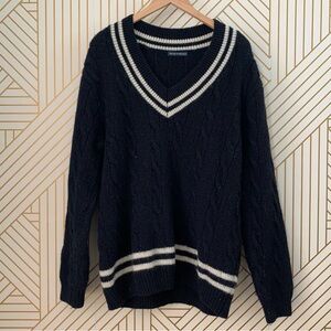 Brandy Melville Nikki Heavy Wool Stripe Varsity Sweater Preppy Oversized Navy